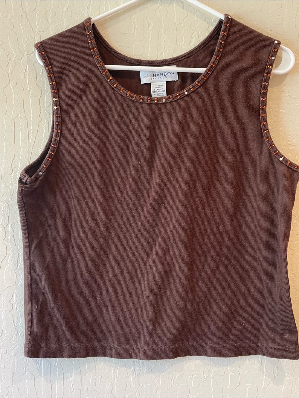 Sag Harbor Dark Brown Beaded Trim Sleeveless Tank